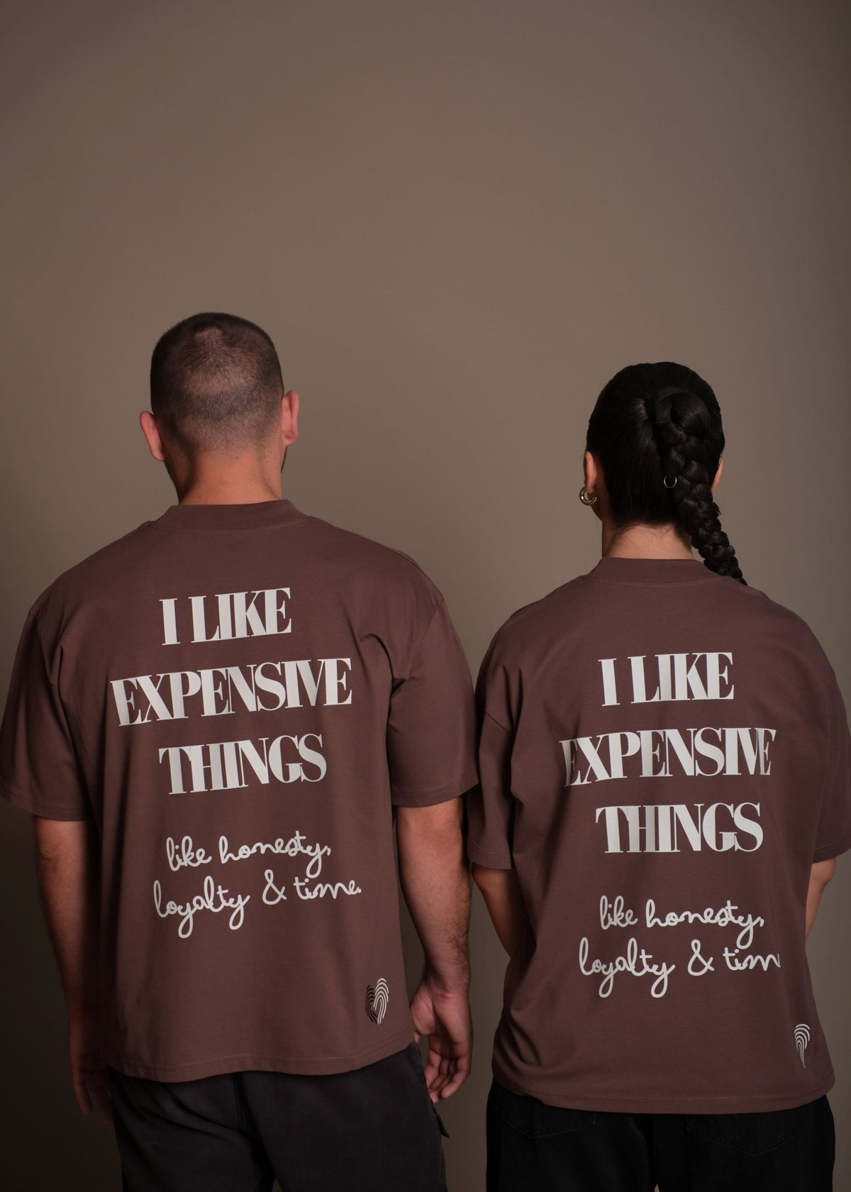Кафяви  женска и мъжка oversize тениски  EXPENSIVE ТASTE от 100% органичен памук