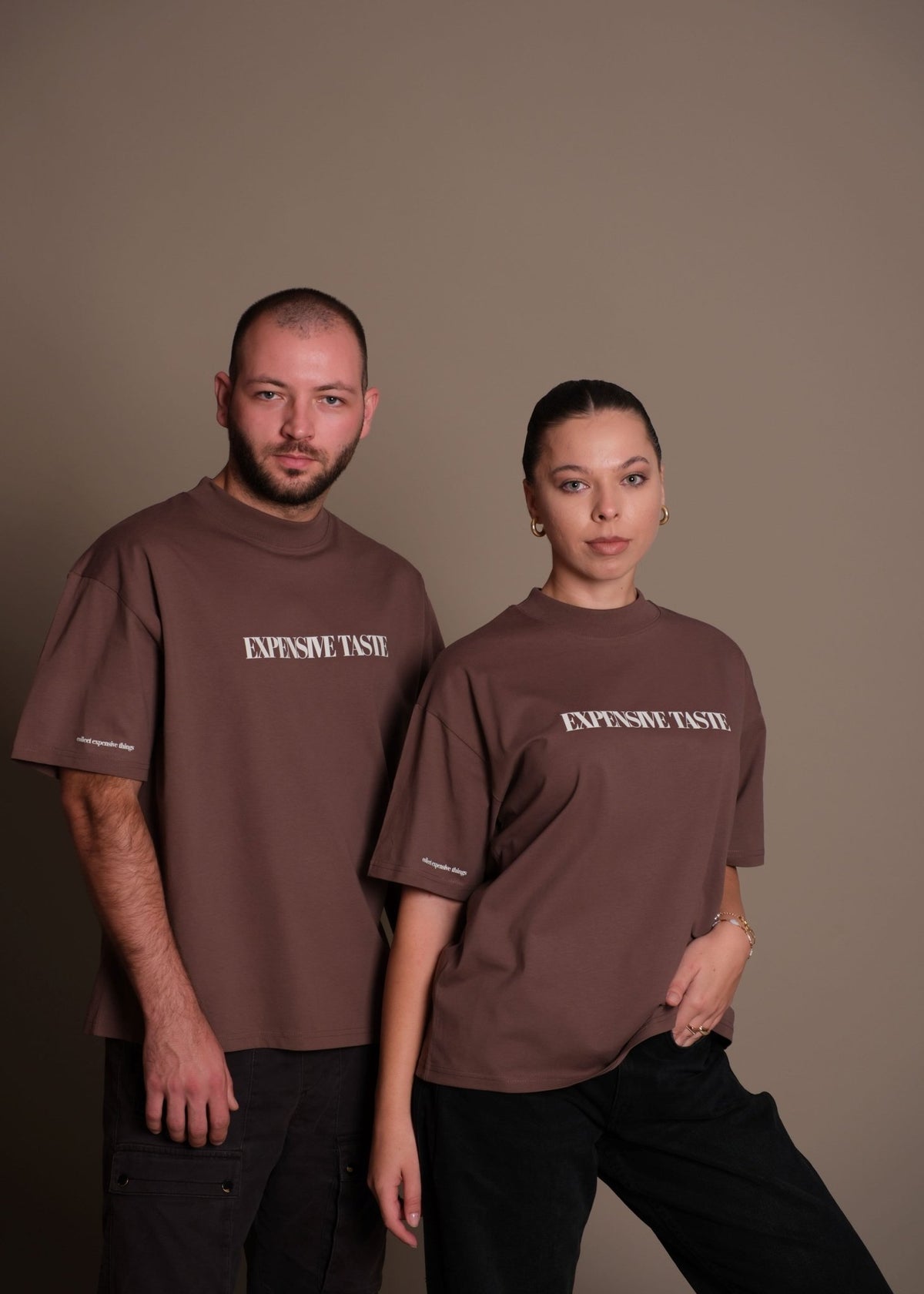 Кафяви  женска и мъжка oversize тениски  EXPENSIVE ТASTE от 100% органичен памук